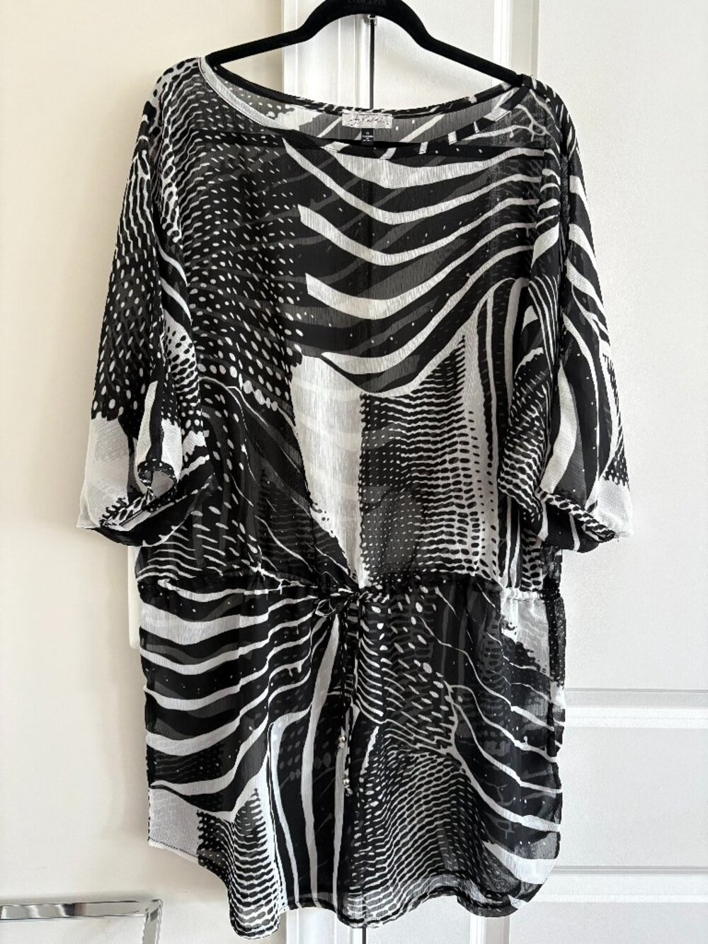 J Valdi Black & White Geometric Print Swim Cover-Up Dress Drawstring - SZ XL